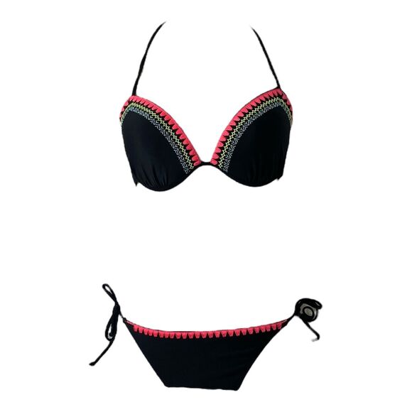 Women’s Medium Large 2 Piece Swimsuit Rue Bleu Rue 21 Black and Multicolor Trim - Picture 1 of 12